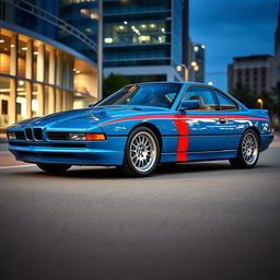 A BMW 850CSi painted in a vibrant Miami blue color with bold red and white stripes running along its body