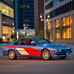 A BMW 850CSi painted in a vibrant Miami blue color with bold red and white stripes running along its body