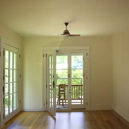 A spacious drawing room of dimensions 26ft by 14ft with a 10ft high ceiling. The 14ft wall features a full size French window that leads to a 22ft by 8ft outdoor deck.