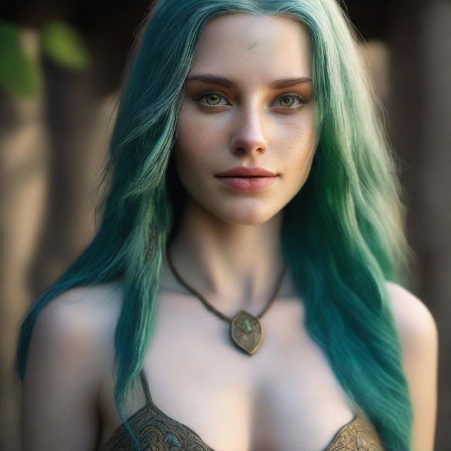 A highly detailed and realistic portrait of a fit 20-year-old woman with long blue hair and striking green eyes