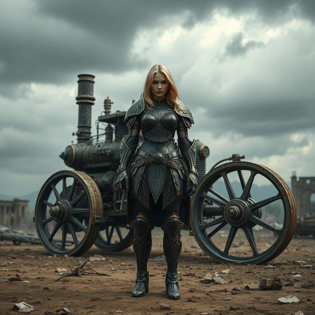 A beautiful armored blonde woman stands in front of an enormous three-wheeled steam powered vehicle in an apocalyptic setting