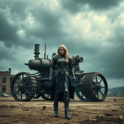 A beautiful armored blonde woman stands in front of an enormous three-wheeled steam powered vehicle in an apocalyptic setting