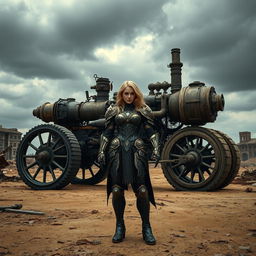 A beautiful armored blonde woman stands in front of an enormous three-wheeled steam powered vehicle in an apocalyptic setting