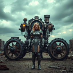 A beautiful armored blonde woman stands in front of an enormous three-wheeled steam powered vehicle in an apocalyptic setting