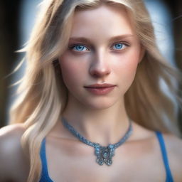 A highly detailed and realistic portrait of a fit 20-year-old woman with long blonde hair and striking blue eyes