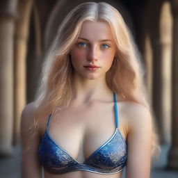 A highly detailed and realistic portrait of a fit 20-year-old woman with long blonde hair and striking blue eyes