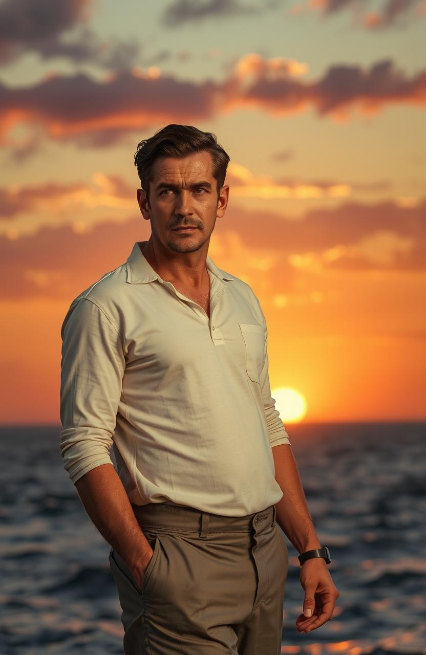 Cartel de una película de drama social español de los años 60 con un hombre en primer plano y el mar al atardecer en el fondo