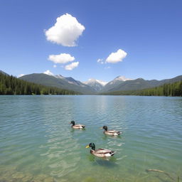 A serene landscape featuring a clear blue lake surrounded by lush green trees and mountains in the background