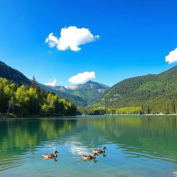 A serene landscape featuring a clear blue lake surrounded by lush green trees and mountains in the background