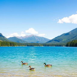 A serene landscape featuring a clear blue lake surrounded by lush green trees and mountains in the background