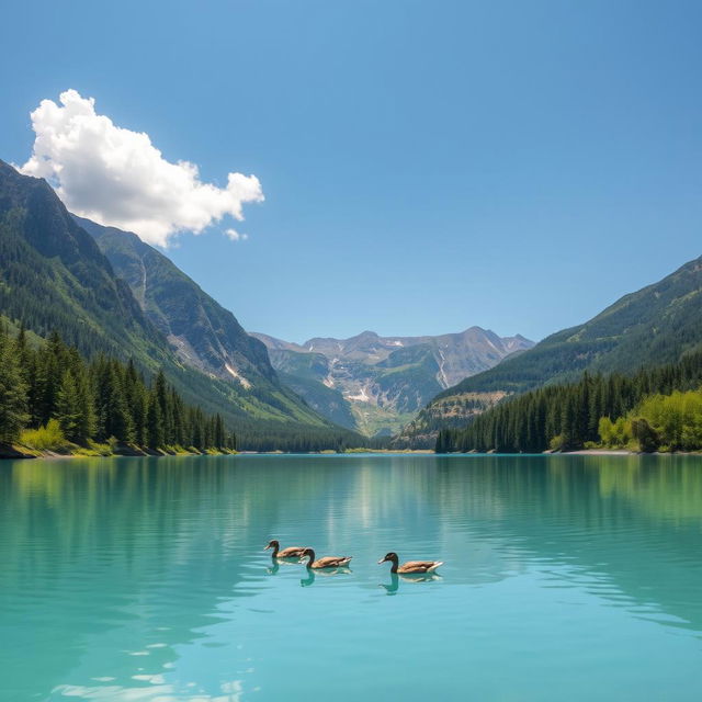 A serene landscape featuring a clear blue lake surrounded by lush green trees and mountains in the background