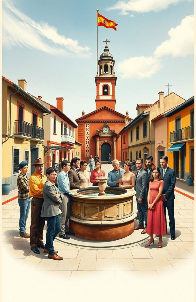 Un póster de un drama social español de los años 50, con una escena de una plaza de pueblo, personajes con vestimenta de la época, y una iglesia en el fondo