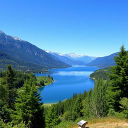 A beautiful landscape featuring a serene lake surrounded by lush greenery and mountains in the background under a clear blue sky