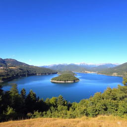 A beautiful landscape featuring a serene lake surrounded by lush greenery and mountains in the background under a clear blue sky