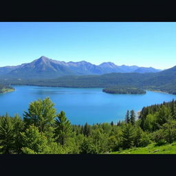 A beautiful landscape featuring a serene lake surrounded by lush greenery and mountains in the background under a clear blue sky