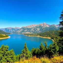 A beautiful landscape featuring a serene lake surrounded by lush greenery and mountains in the background under a clear blue sky