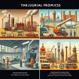 A detailed image depicting the characteristic scenes from the four Industrial Revolutions