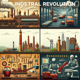 A detailed image depicting the characteristic scenes from the four Industrial Revolutions