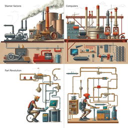 A detailed image depicting the characteristic scenes from the four Industrial Revolutions