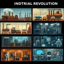 A detailed image depicting the characteristic scenes from the four Industrial Revolutions