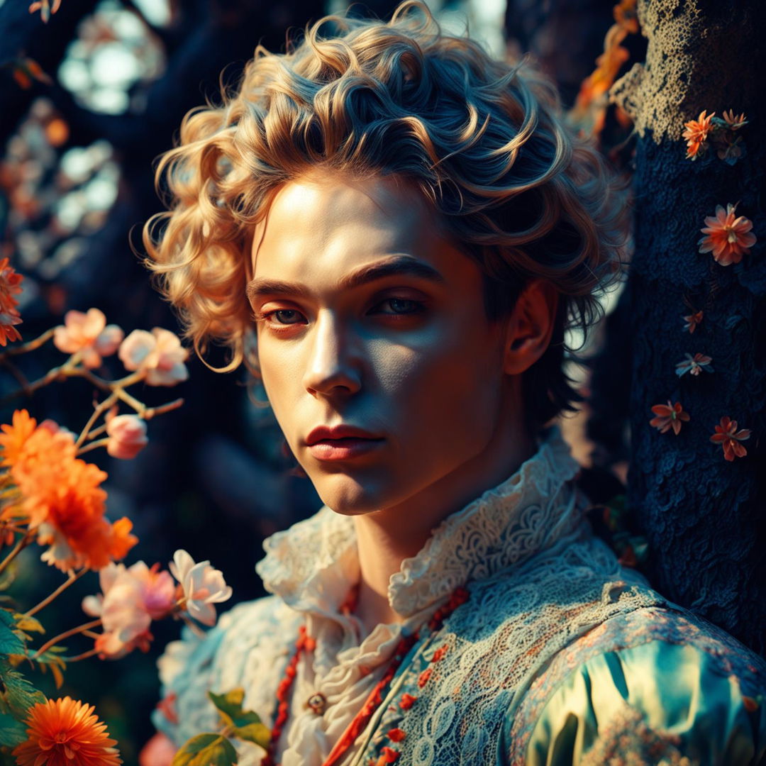 Intense close-up of a different, beautiful androgynous Russian man's detailed face in vibrant, mystical forest with Rococo vibes and flower aesthetic in hyper-realistic 3D photography.