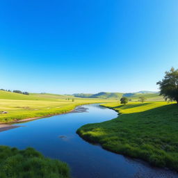 Create an image that is suitable for all audiences and depicts a peaceful and serene landscape with a clear blue sky, lush green fields, and a calm river flowing through it