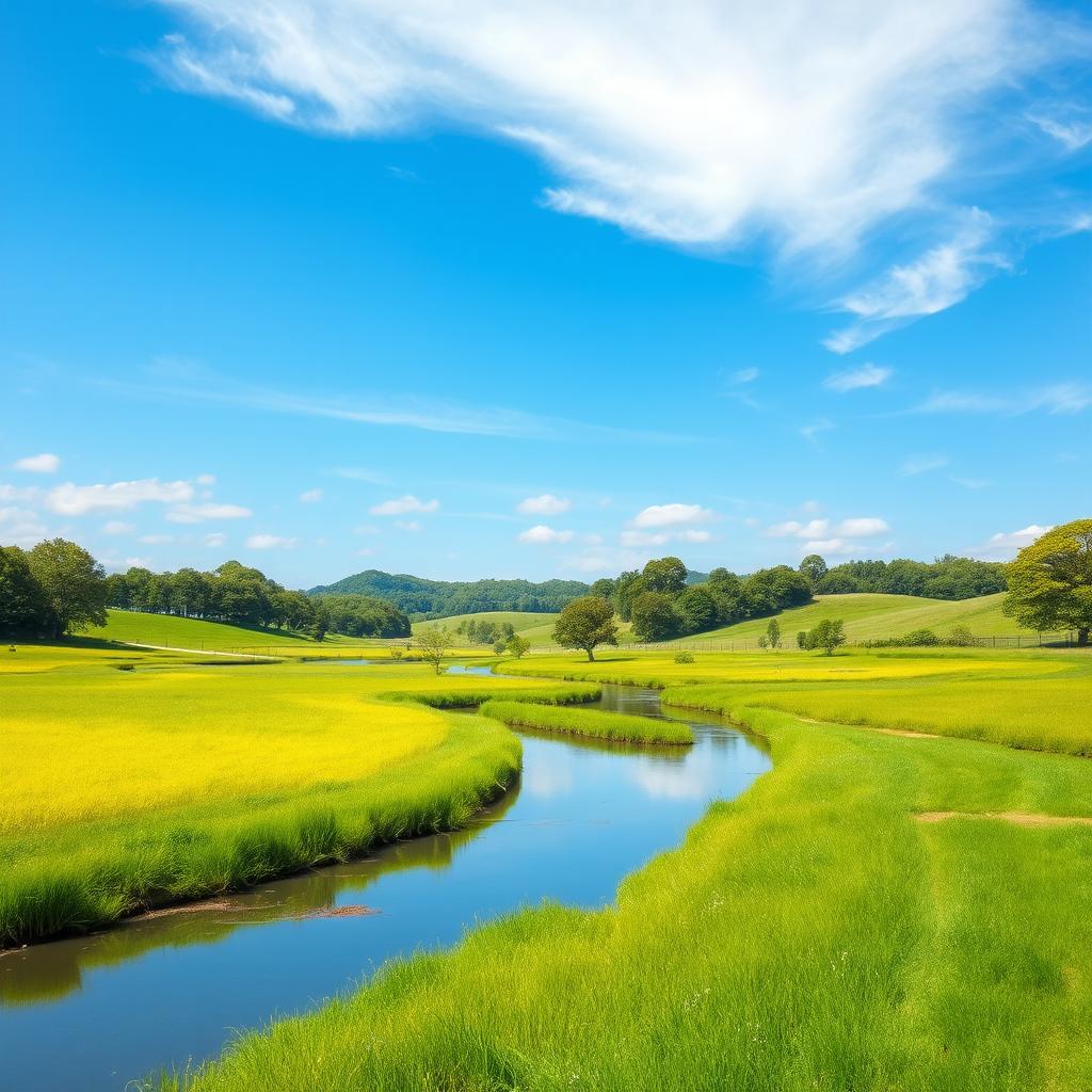 Create an image that is suitable for all audiences and depicts a peaceful and serene landscape with a clear blue sky, lush green fields, and a calm river flowing through it