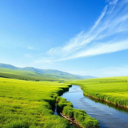 Create an image that is suitable for all audiences and depicts a peaceful and serene landscape with a clear blue sky, lush green fields, and a calm river flowing through it