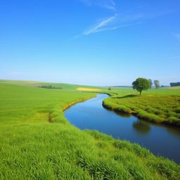 Create an image that is suitable for all audiences and depicts a peaceful and serene landscape with a clear blue sky, lush green fields, and a calm river flowing through it