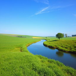 Create an image that is suitable for all audiences and depicts a peaceful and serene landscape with a clear blue sky, lush green fields, and a calm river flowing through it