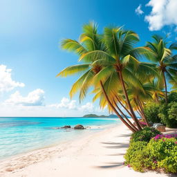 A vibrant and colorful landscape featuring a serene beach with crystal-clear water, palm trees swaying in the gentle breeze, and a bright blue sky with a few fluffy clouds