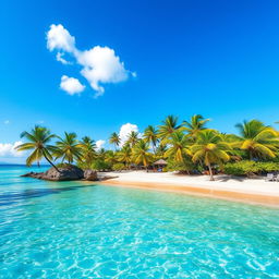 A vibrant and colorful landscape featuring a serene beach with crystal-clear water, palm trees swaying in the gentle breeze, and a bright blue sky with a few fluffy clouds