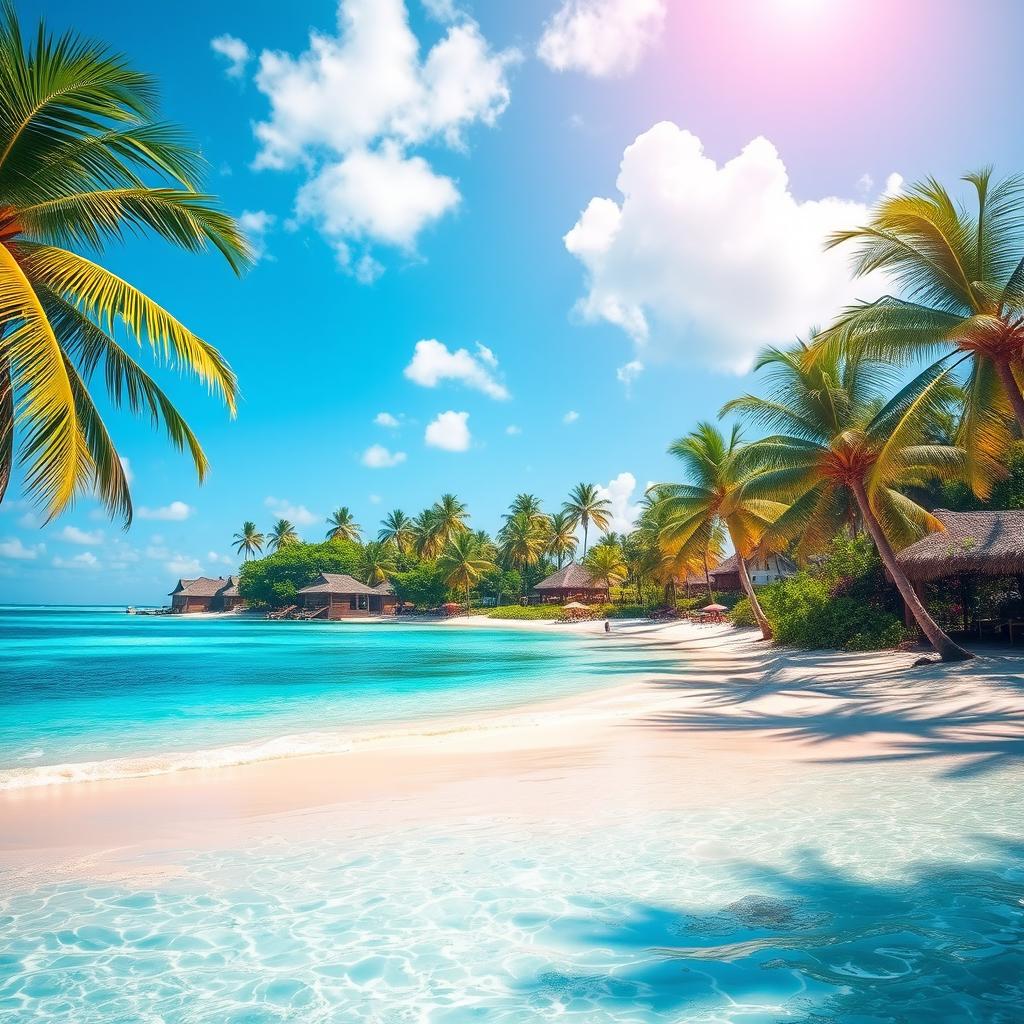 A vibrant and colorful landscape featuring a serene beach with crystal-clear water, palm trees swaying in the gentle breeze, and a bright blue sky with a few fluffy clouds