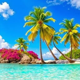 A vibrant and colorful landscape featuring a serene beach with crystal-clear water, palm trees swaying in the gentle breeze, and a bright blue sky with a few fluffy clouds