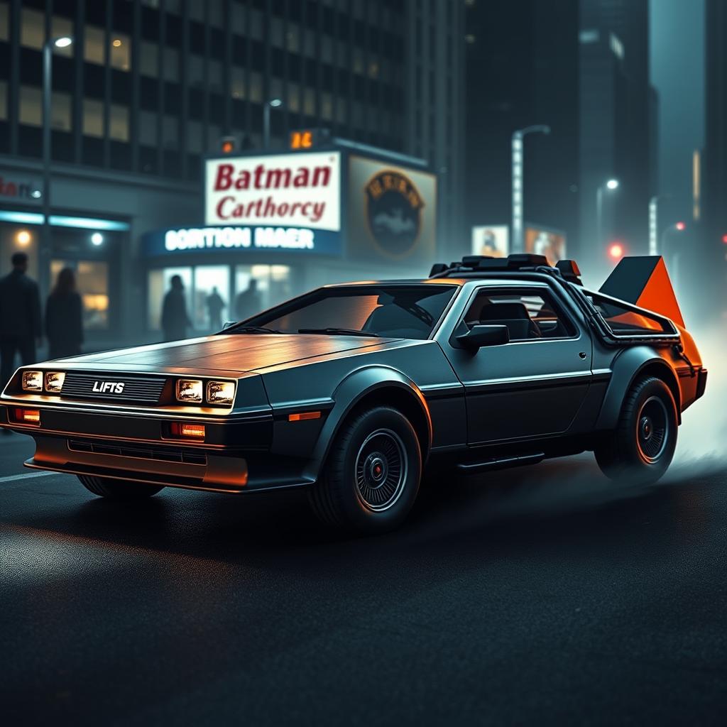 Create an image blending a DeLorean with the Batman Tumbler