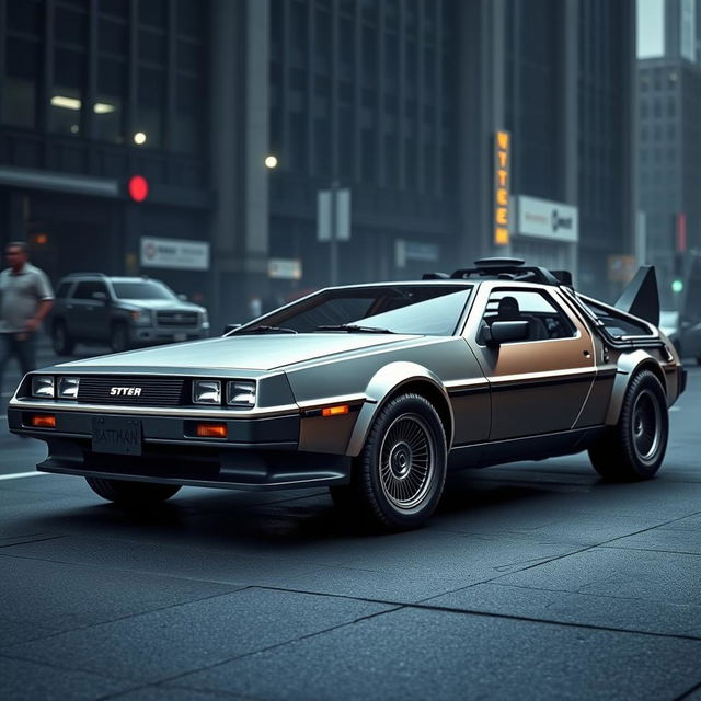 Create an image blending a DeLorean with the Batman Tumbler