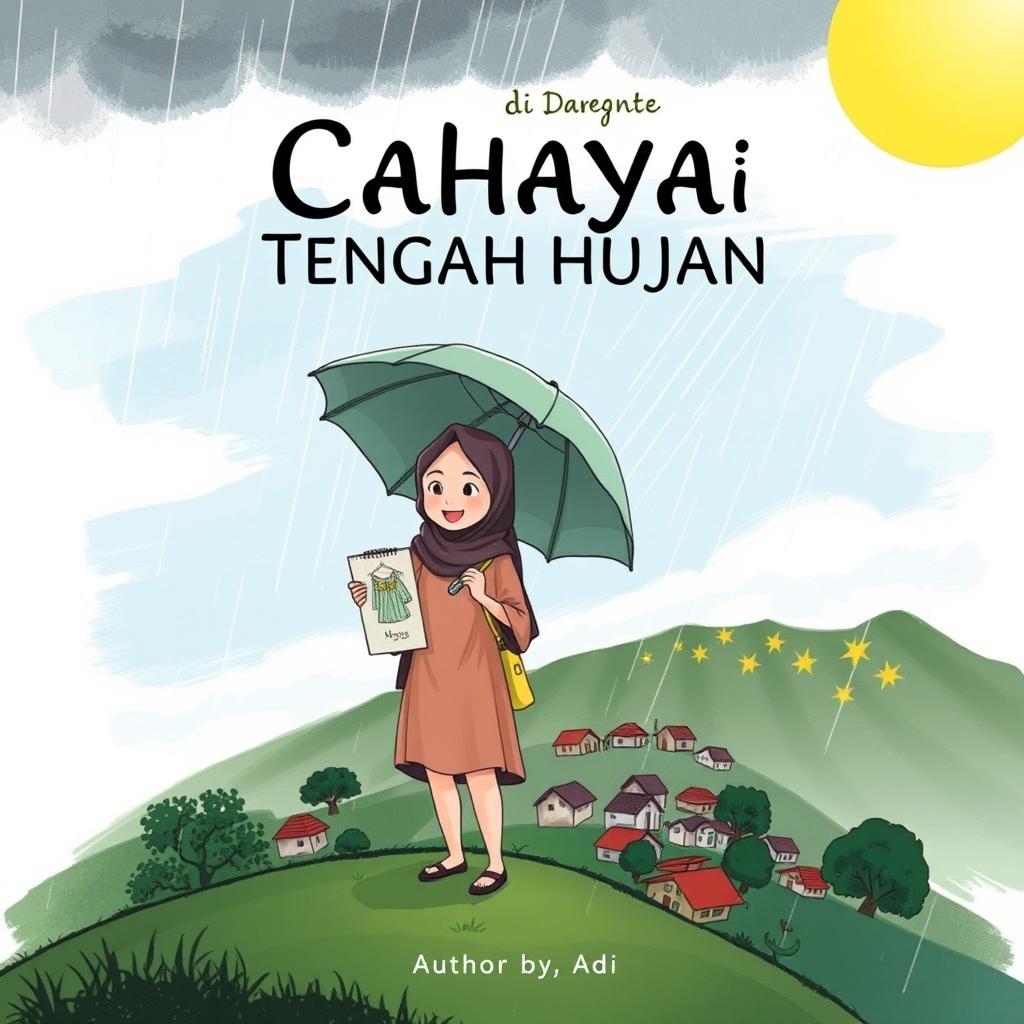 A book cover illustration titled 'Cahaya di Tengah Hujan' featuring a cloudy sky with light rain and a small village below