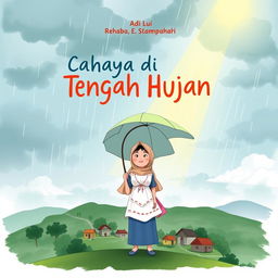 A book cover illustration titled 'Cahaya di Tengah Hujan' featuring a cloudy sky with light rain and a small village below