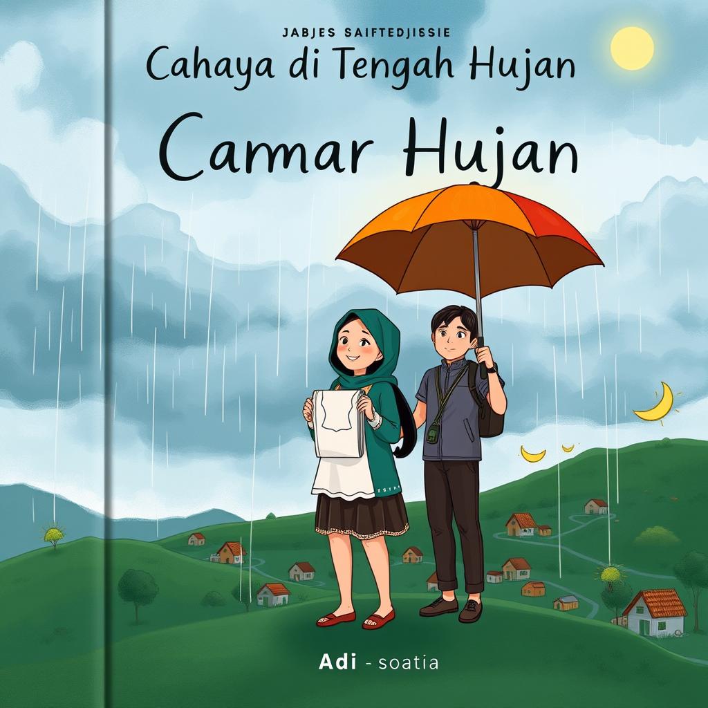 A book cover illustration titled 'Cahaya di Tengah Hujan' featuring a cloudy sky with light rain and a small village below