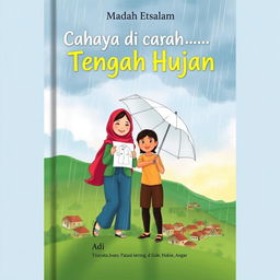 A book cover illustration titled 'Cahaya di Tengah Hujan' featuring a cloudy sky with light rain and a small village below