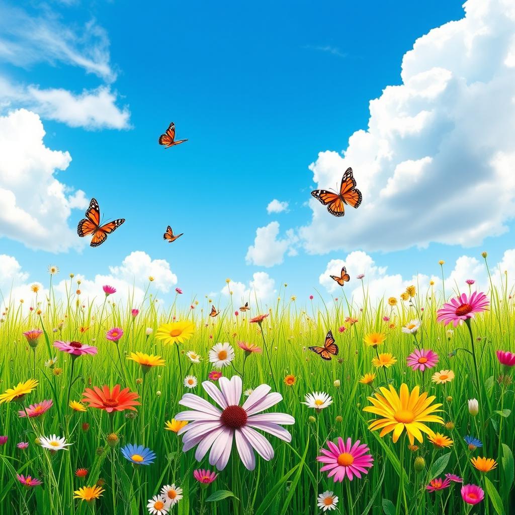 Create a vibrant and colorful image of a peaceful meadow on a sunny day