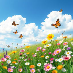 Create a vibrant and colorful image of a peaceful meadow on a sunny day