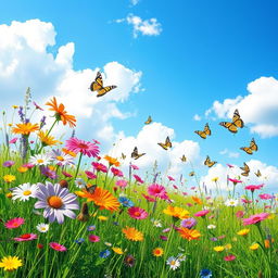 Create a vibrant and colorful image of a peaceful meadow on a sunny day