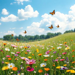 Create a vibrant and colorful image of a peaceful meadow on a sunny day