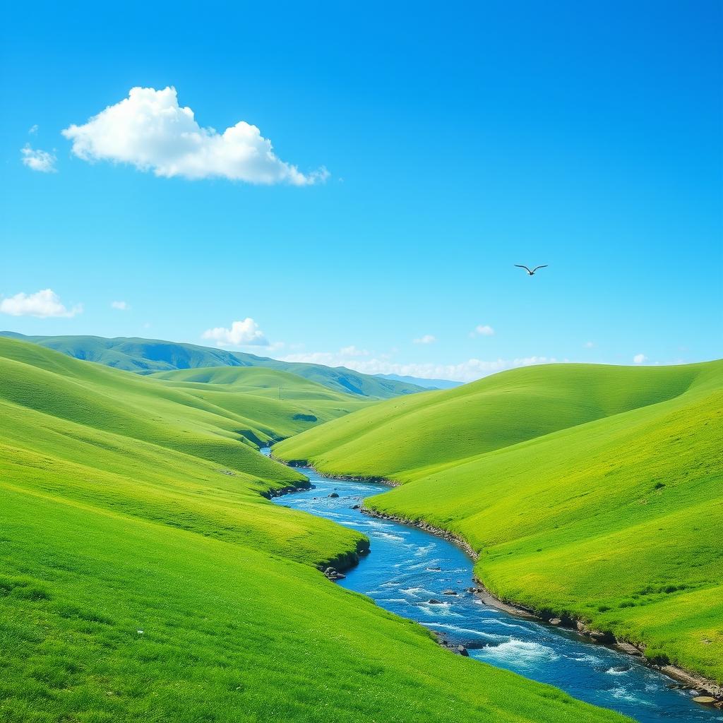 A serene landscape with a clear blue sky, gentle rolling hills covered in lush green grass, and a sparkling river flowing through the valley