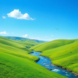 A serene landscape with a clear blue sky, gentle rolling hills covered in lush green grass, and a sparkling river flowing through the valley