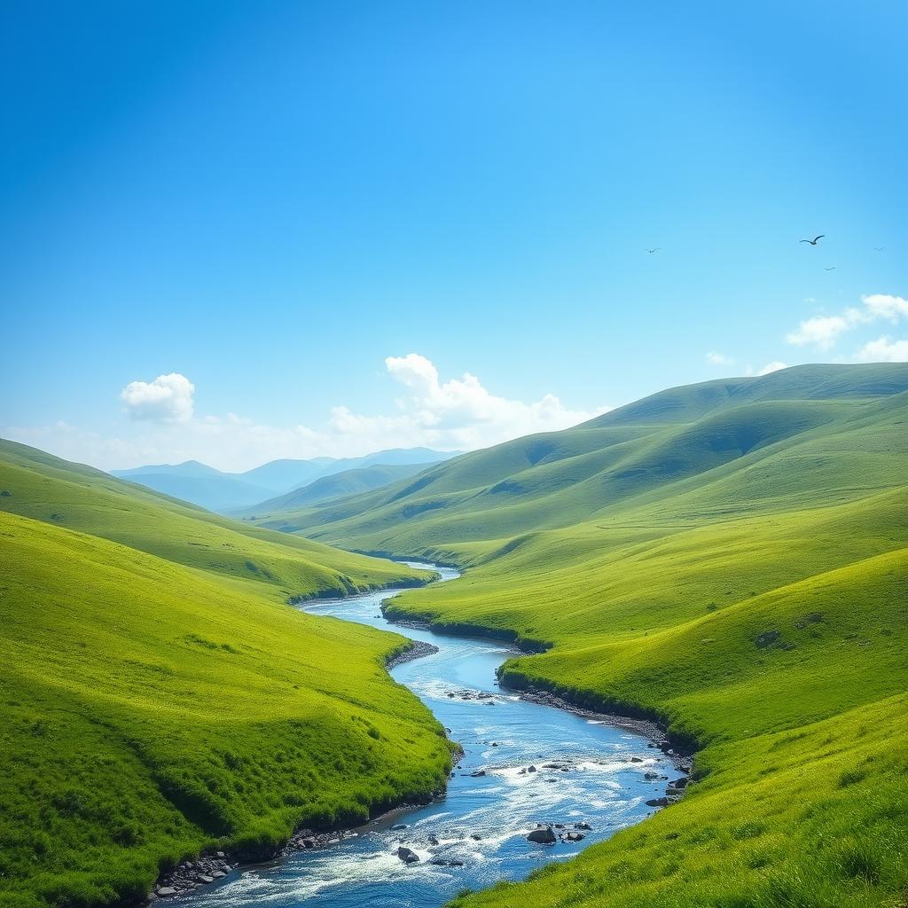 A serene landscape with a clear blue sky, gentle rolling hills covered in lush green grass, and a sparkling river flowing through the valley