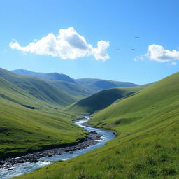 A serene landscape with a clear blue sky, gentle rolling hills covered in lush green grass, and a sparkling river flowing through the valley