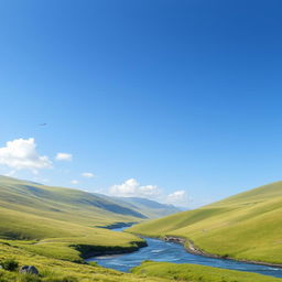 A serene landscape with a clear blue sky, gentle rolling hills covered in lush green grass, and a sparkling river flowing through the valley