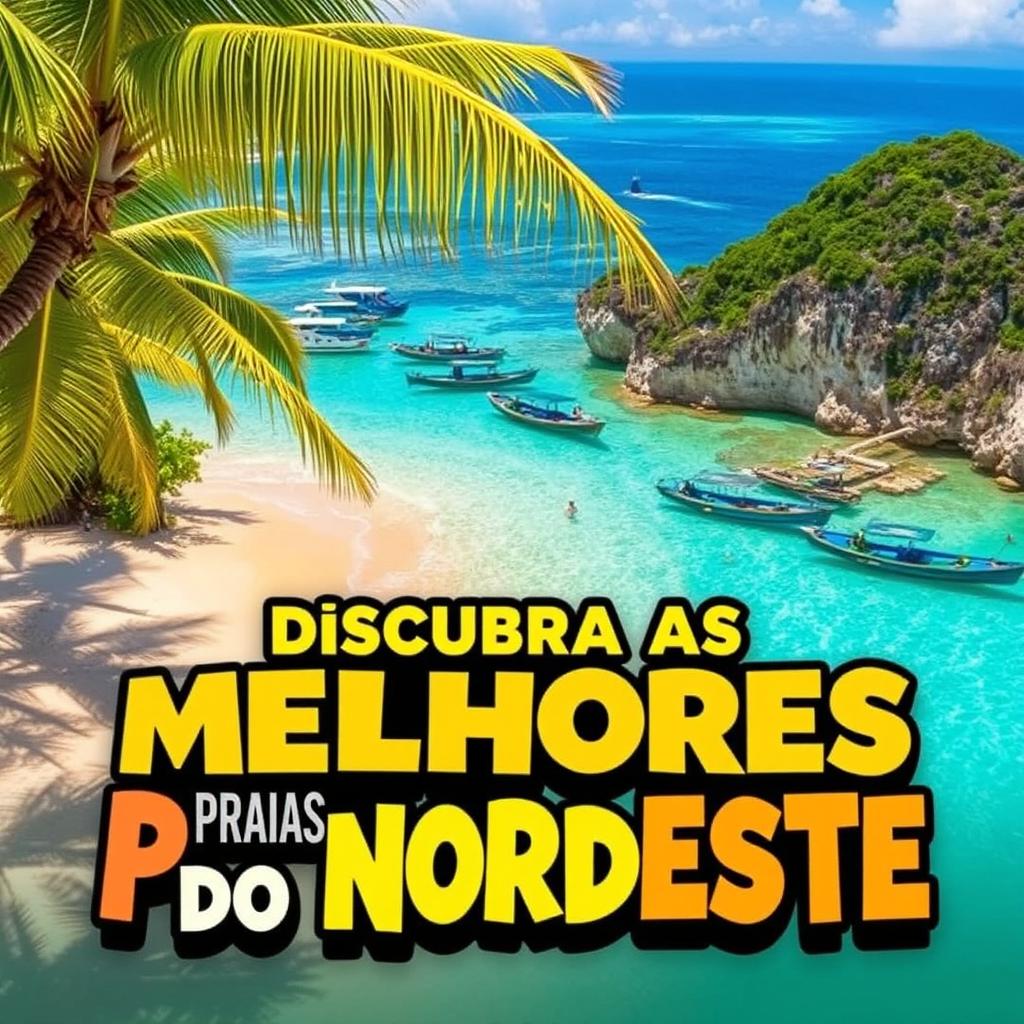 A vibrant and inviting thumbnail for a video titled 'Descubra as Melhores Praias do Nordeste'